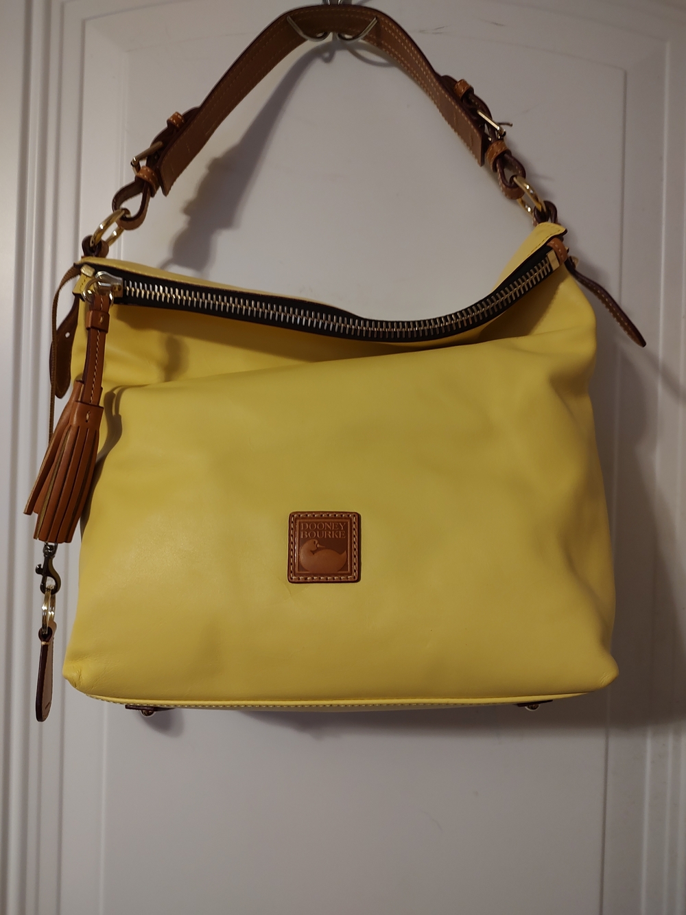 New Yellow Leather Hobo Bag with Tan Trim and Tassel